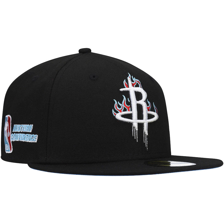 Houston Rockets New Era NBA 9FIFTY 950 Snapback Cap Hat Black Crown/Visor White With Flames Logo Sky Blue UV (Team Fire)