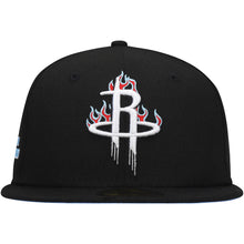 Load image into Gallery viewer, Houston Rockets New Era NBA 9FIFTY 950 Snapback Cap Hat Black Crown/Visor White With Flames Logo Sky Blue UV (Team Fire)
