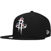 Load image into Gallery viewer, Houston Rockets New Era NBA 9FIFTY 950 Snapback Cap Hat Black Crown/Visor White With Flames Logo Sky Blue UV (Team Fire)
