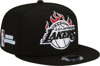 Los Angeles Lakers New Era NBA 9FIFTY 950 Snapback Cap Hat Black Crown/Visor White With Flames Logo Sky Blue UV (Team Fire)
