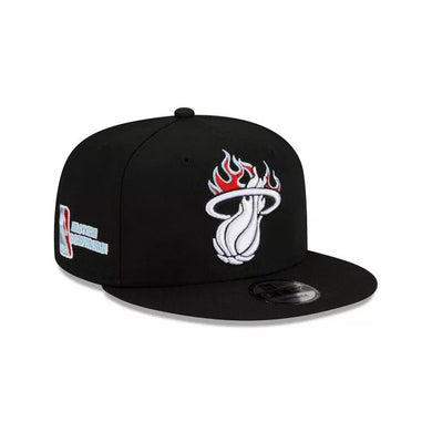 Miami Heat New Era NBA 9FIFTY 950 Snapback Cap Hat Black Crown/Visor White With Flames Logo Sky Blue UV (Team Fire)