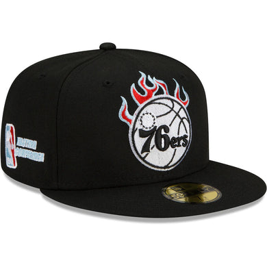 Philadelphia 76ers New Era NBA 9FIFTY 950 Snapback Cap Hat Black Crown/Visor White With Flames Logo Sky Blue UV (Team Fire)