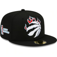 Load image into Gallery viewer, Toronto Raptors New Era NBA 9FIFTY 950 Snapback Cap Hat Black Crown/Visor White With Flames Logo Sky Blue UV (Team Fire)
