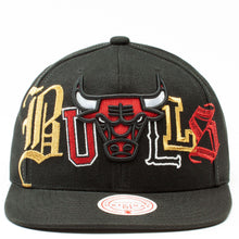 Load image into Gallery viewer, Chicago Bulls Mitchell &amp; Ness NBA Snapback Cap Hat Black Crown/Visor Red/White/Metallic Gold Logo (Hype Type)
