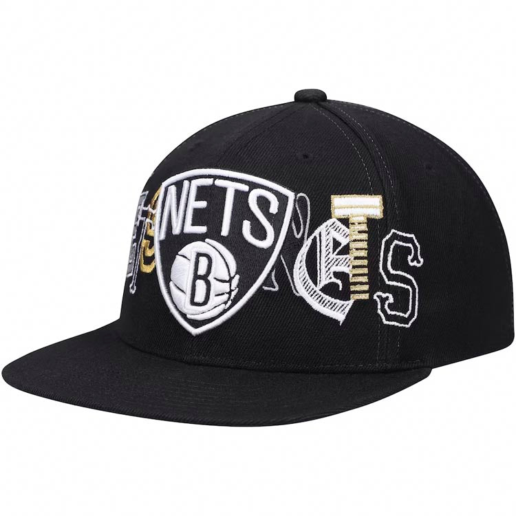 Brooklyn Nets Mitchell & Ness NBA Hype Type Snapback Cap Hat Black Crown/Visor White/Black/ Metallic Gold Logo 