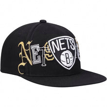 Load image into Gallery viewer, Brooklyn Nets Mitchell &amp; Ness NBA Hype Type Snapback Cap Hat Black Crown/Visor White/Black/ Metallic Gold Logo 

