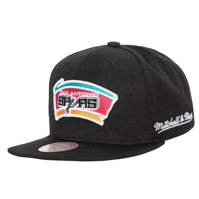 San Antonio Spurs Mitchell & Ness NBA Snapback Cap Hat Black Crown/Visor Team Color Logo English Text/Script Back Logo