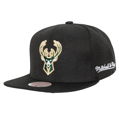 Milwaukee Bucks Mitchell & Ness NBA Snapback Cap Hat Black Crown/Visor Team Color Logo English Text/Script Back Logo