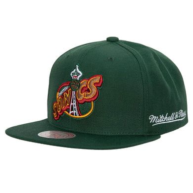 Seattle Supersonics Mitchell & Ness NBA Snapback Cap Hat Dark Green Crown/Visor Team Color Logo English Text/Script Back Logo
