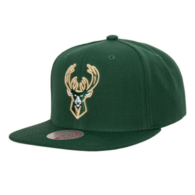 Milwaukee Bucks Mitchell & Ness NBA Snapback Cap Hat Dark Green Crown/Visor Dark Green/Tan Logo