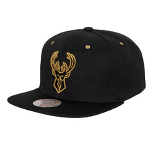 Load image into Gallery viewer, Milwaukee Bucks Mitchell &amp; Ness NBA Snapback Cap Hat Black Crown/Visor Black/Metallic Gold Logo (Fools Gold)

