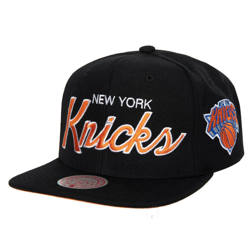 New York Knicks Mitchell & Ness NBA Snapback Cap Hat Black Crown/Visor Orange/White Script Logo