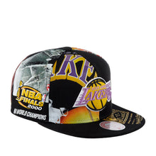 Load image into Gallery viewer, Los Angeles Lakers Mitchell &amp; Ness NBA Shirt Remix Snapback Cap Hat Black Crown/Visor Team Color Logo
