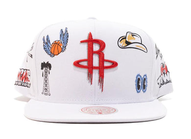 Houston Rockets Mitchell & Ness NBA Hand Drawn Snapback Cap Hat White Crown/Visor Team Color Logo With Multiple Patches