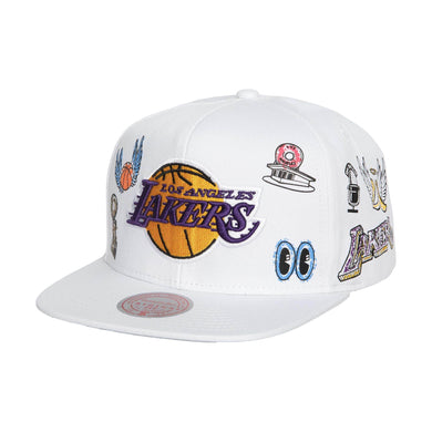 Los Angeles Lakers Mitchell & Ness NBA Snapback Cap Hat White Crown/Visor Team Color Logo (Hand Drawn)