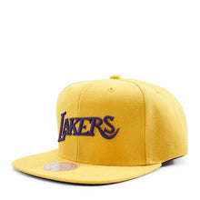 Load image into Gallery viewer, Los Angeles Lakers Mitchell &amp; Ness NBA Snapback Cap Hat Yellow Crown/Visor Purple Text Logo
