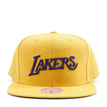 Load image into Gallery viewer, Los Angeles Lakers Mitchell &amp; Ness NBA Snapback Cap Hat Yellow Crown/Visor Purple Text Logo
