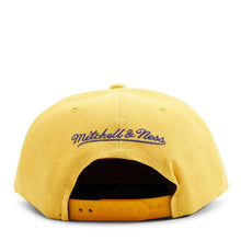 Load image into Gallery viewer, Los Angeles Lakers Mitchell &amp; Ness NBA Snapback Cap Hat Yellow Crown/Visor Purple Text Logo
