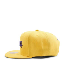 Load image into Gallery viewer, Los Angeles Lakers Mitchell &amp; Ness NBA Snapback Cap Hat Yellow Crown/Visor Purple Text Logo
