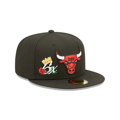 Chicago Bulls New Era NBA 59FIFTY 5950 Fitted Cap Hat Black Crown/Visor Team Color Logo 6x Crown Rose (Crown Champs)