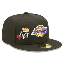 Load image into Gallery viewer, Los Angeles Lakers New Era NBA 59FIFTY 5950 Fitted Cap Hat Black Crown/Visor Team Color Logo 17x Crown Rose (Crown Champs)

