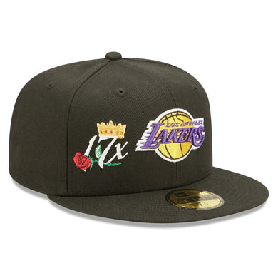 Los Angeles Lakers New Era NBA 59FIFTY 5950 Fitted Cap Hat Black Crown/Visor Team Color Logo 17x Crown Rose (Crown Champs)