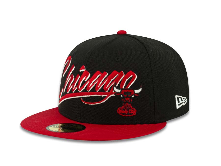 Chicago Bulls New Era NBA 59FIFTY 5950 Fitted Cap Hat Black Crown Red Visor Team Color Script Retro Logo