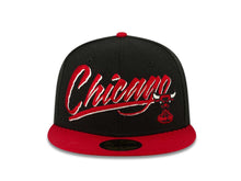 Load image into Gallery viewer, Chicago Bulls New Era NBA 59FIFTY 5950 Fitted Cap Hat Black Crown Red Visor Team Color Script Retro Logo
