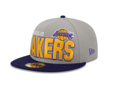Los Angeles Lakers New Era NBA 59FIFTY 5950 Fitted Cap Hat Gray Crown Purple Visor Yello/Purple Block Letter Logo (Big Bold)