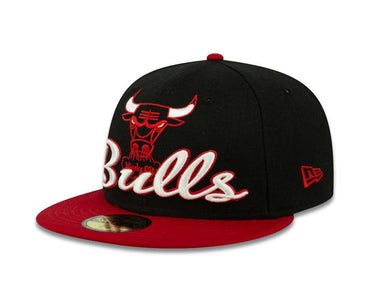 Chicago Bulls New Era 59FIFTY 5950 NBA Fitted Cap Hat Black Crown Red Visor Team Color HWC Logo With White/Red Script (Script Punch)