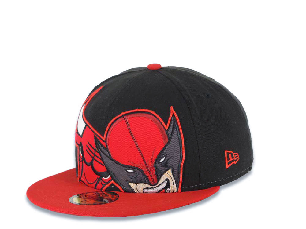 Chicago Bulls New Era NBA 59FIFTY 5950 Fitted Cap Hat Black Crown Red Visor Team Color Wolverine Logo (Marvel Hero)
