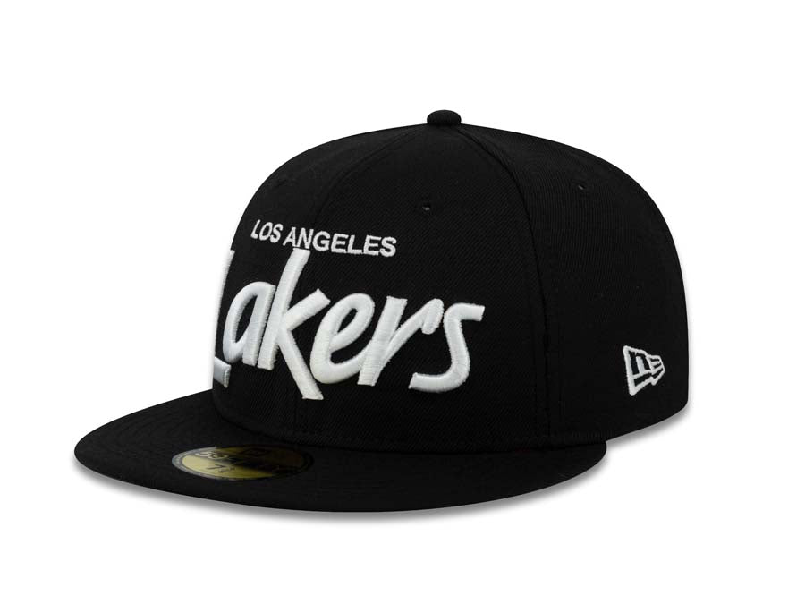 Los Angeles Lakers New Era 59FIFTY 5950 NBA Fitted Cap Hat Black Crown/Visor White Script Logo