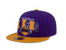 Load image into Gallery viewer, Los Angeles Lakers Mitchell &amp; Ness NBA Fitted Cap Hat Purple Crown Yellow Visor Team Color Arch Logo
