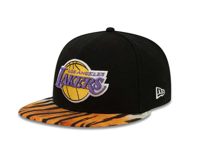 Los Angeles Lakers New Era 59FIFTY 5950 NBA Fitted Cap Hat Black Crown Tiger Print Visor Team Color HWC Logo