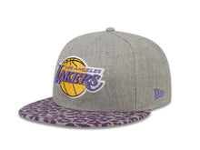 Load image into Gallery viewer, Los Angeles Lakers New Era 595FIFTY 5950 NBA Fitted Cap Hat Heather Gray Crown Purple Leopard Print Visor Team Color Logo (Leopardvize)
