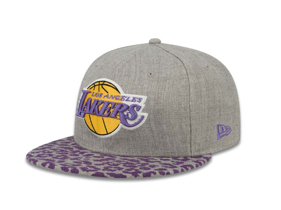 Los Angeles Lakers New Era 595FIFTY 5950 NBA Fitted Cap Hat Heather Gray Crown Purple Leopard Print Visor Team Color Logo (Leopardvize)