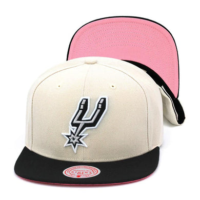 San Antonio Spurs Mitchell & Ness NBA Easter Snapback Cap Hat Off White Crown Black Visor Team Color Logo Pink UV