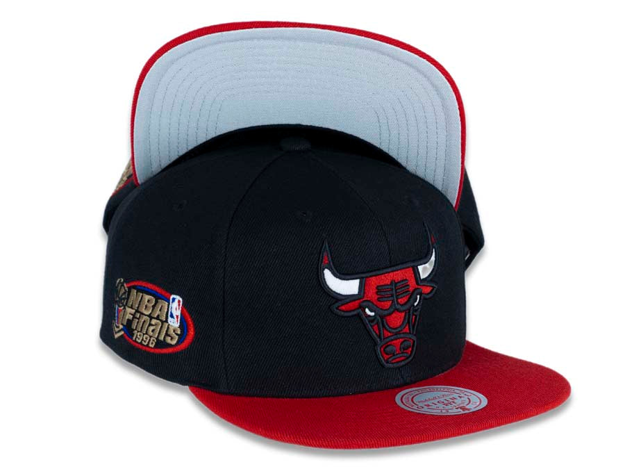 Chicago Bulls Mitchell & Ness NBA Glow Team Snapback Cap Hat Black Crown Red Visor Team Color Logo 1996 Finals Side Patch