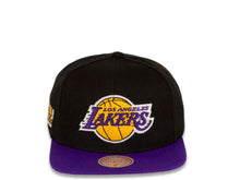 Load image into Gallery viewer, Los Angeles Lakers Mitchell &amp; Ness NBA Glow Team Snapback Cap Hat Black Crown Purple Visor Team Color Logo 2002 Finals Side Patch 
