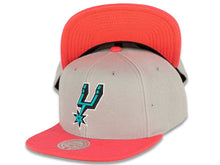 Load image into Gallery viewer, San Antonio Spurs Mitchell &amp; Ness NBA Snapback Cap Hat Gray Crown Pink Visor Teal/Black/White Logo
