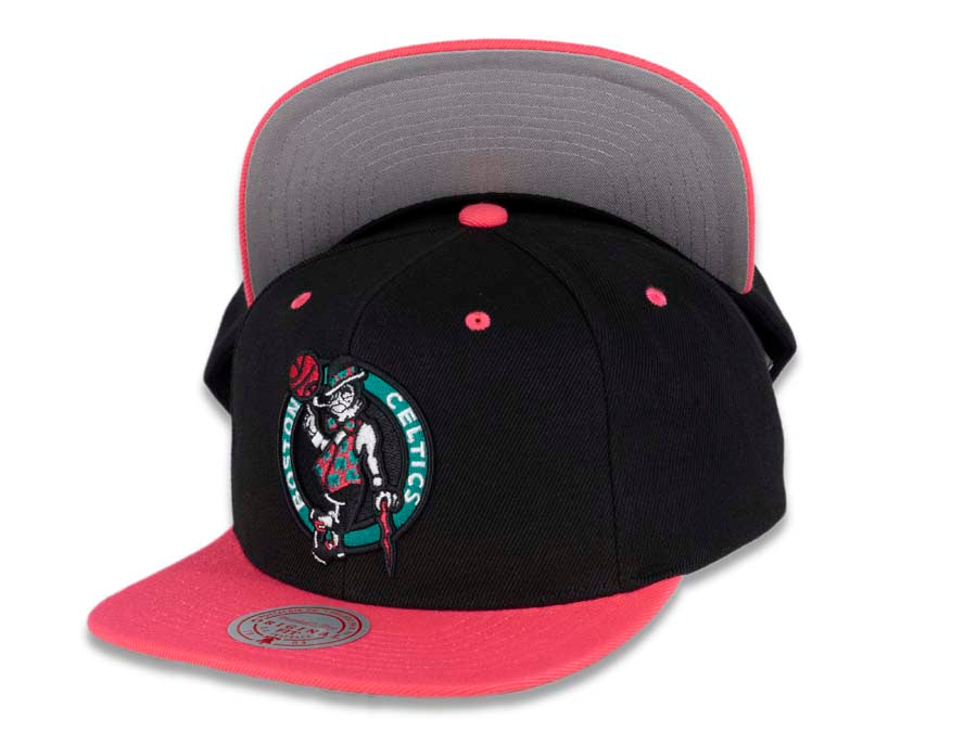 Boston Celtics Mitchell & Ness NBA Snapback Cap Hat Black Crown Pink Visor Team Color Logo (Santa Ana)