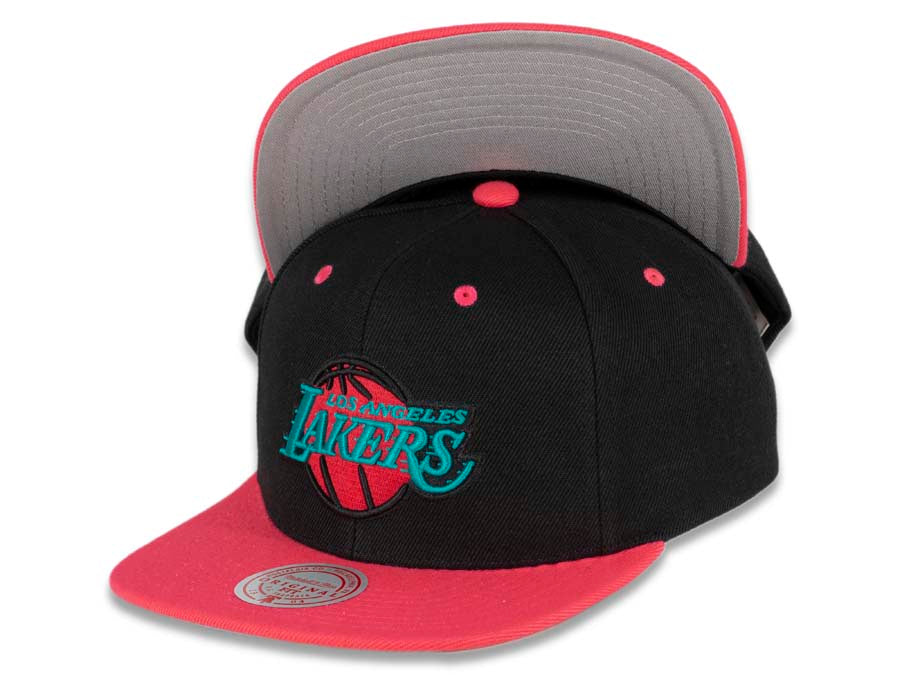 Los Angeles Lakers Mitchell & Ness NBA Snapback Cap Hat Black Crown Pink Visor Teal/Pink/Black Logo (Santa Ana)