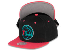 Load image into Gallery viewer, Philadelphia 76ers Mitchell &amp; Ness NBA Snapback Cap Hat Black Crown Pink Visor Teal/Black/Pink Logo (Santa Ana)
