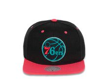 Load image into Gallery viewer, Philadelphia 76ers Mitchell &amp; Ness NBA Snapback Cap Hat Black Crown Pink Visor Teal/Black/Pink Logo (Santa Ana)
