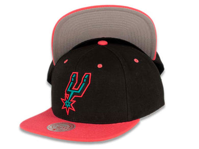 San Antonio Spurs Mitchell & Ness NBA Snapback Cap Hat Black Crown Pink Visor Teal/Pink/Black Logo (Santa Ana)