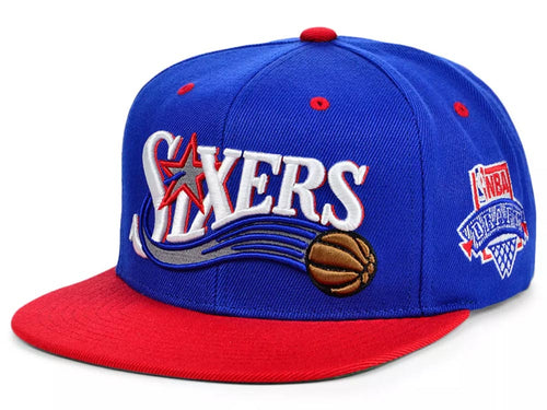 Philadelphia 76ers Mitchell & Ness NBA Lotto Pick Snapback Cap Hat Royal Blue Crown Red Visor Team Color Logo