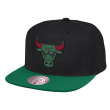 Load image into Gallery viewer, Chicago Bulls Mitchell &amp; Ness NBA Reload 2.0 Snapback Cap Hat Black Crown Green Visor Team Color Logo
