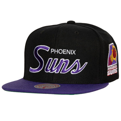 Phoenix Suns Mitchell & Ness NBA Team Script 2.0 Snapback Cap Hat Black Crown Purple Visor Team Color Script/Text Logo