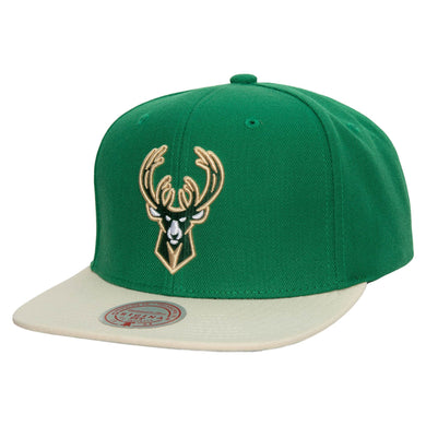 Milwaukee Bucks Mitchell & Ness NBA Snapback Cap Hat Green Crown Cream Visor Team Color Logo
