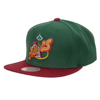 Seattle Supersonics Mitchell & Ness NBA 2 Tone 2.0 Snapback Cap Hat Dark Green Crown Red Visor Team Color Logo